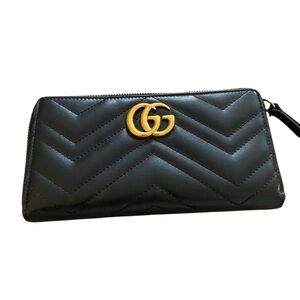 Gucci Black Quilted GG Zip-Around Leather Wallet with Gold Hardware